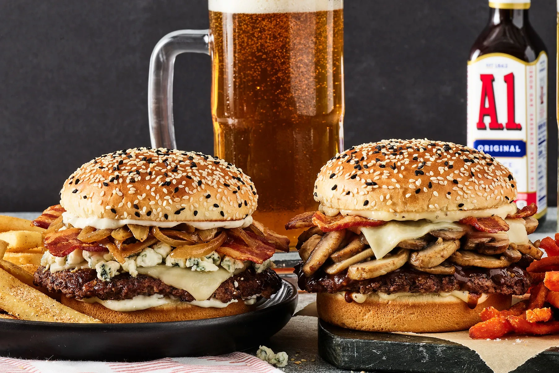 A.1. Steakhouse and Bacon 'N' Bleu Burgers with bottomless sides and cold brew