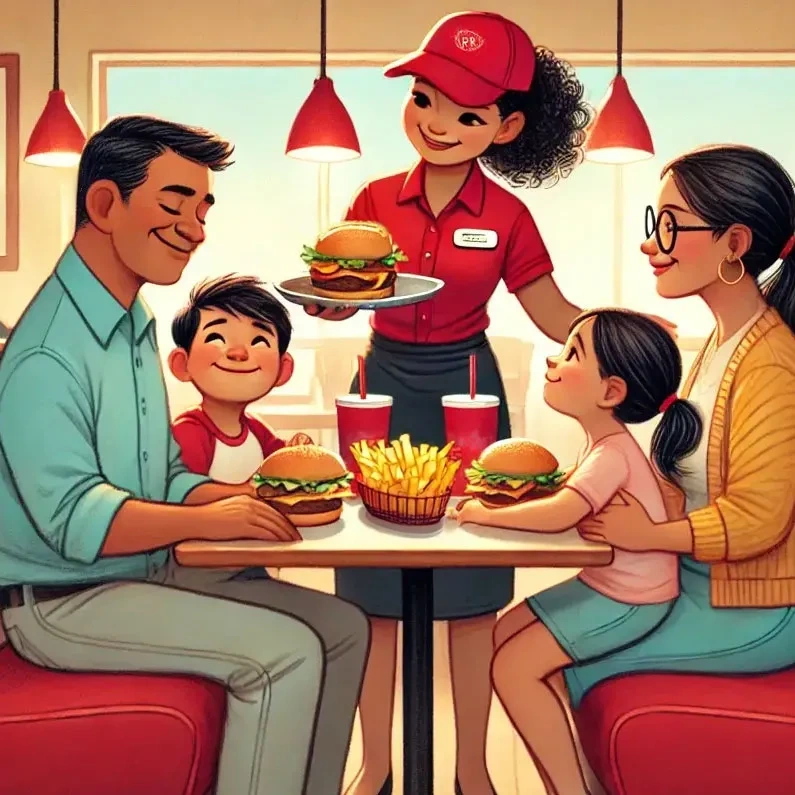 Family enjoying each other around bottomless fries